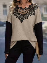 Contrast Lace Round Neck Long Sleeve T-Shirt Khaki OutfitFlow